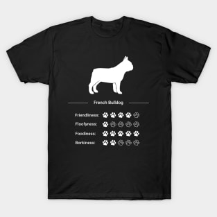 French Bulldog Stats - Friendliness, Floofyness, Foodiness, Borkiness T-Shirt